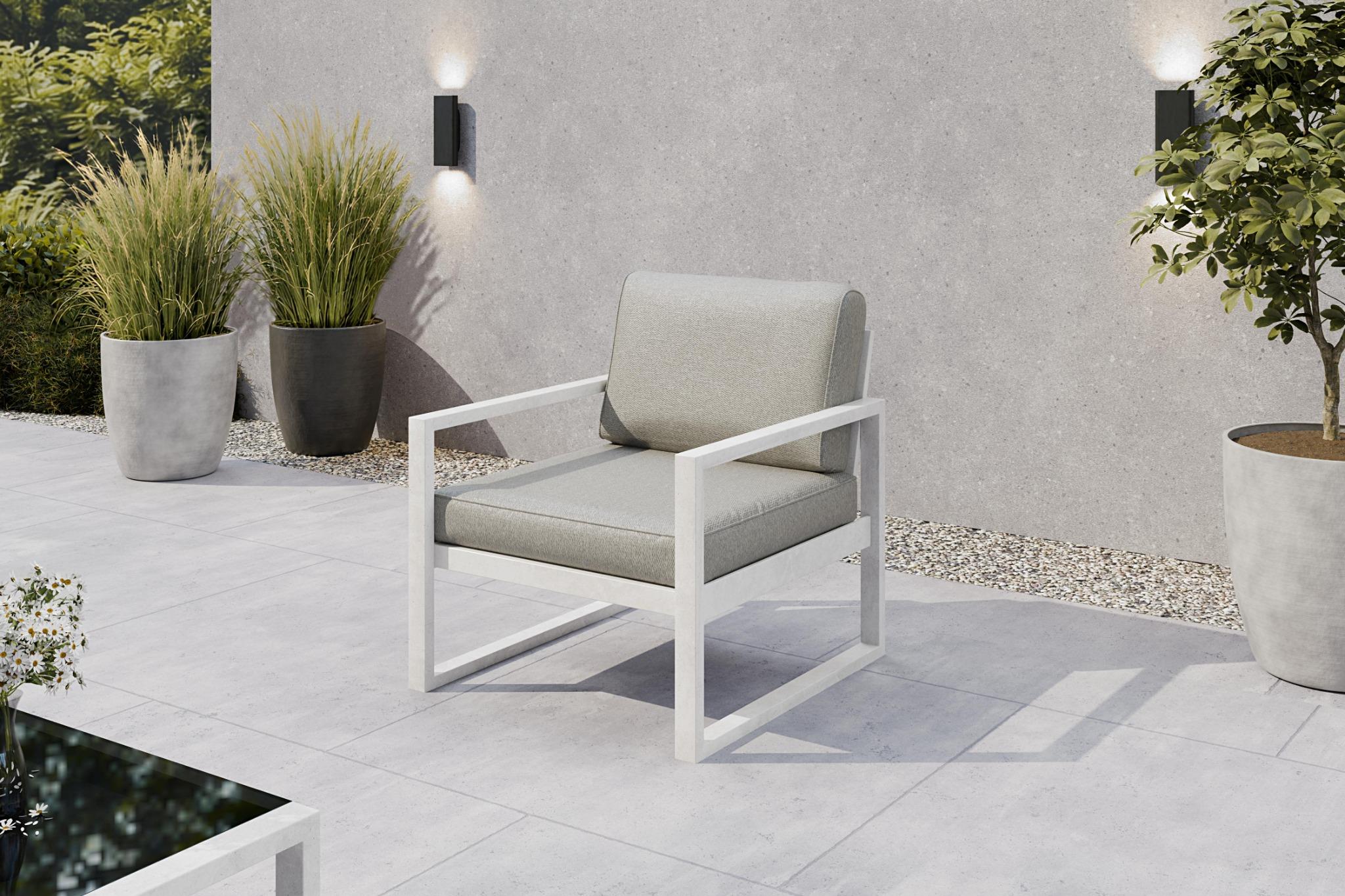 Margaret Hadas24 Gartensessel Outdoor Madera Lounge Sessel Gartenstuhl Terrasse Balkon wetterfest Metall Balkonmöbel Sitzbank mit Lehne, weiß, beige