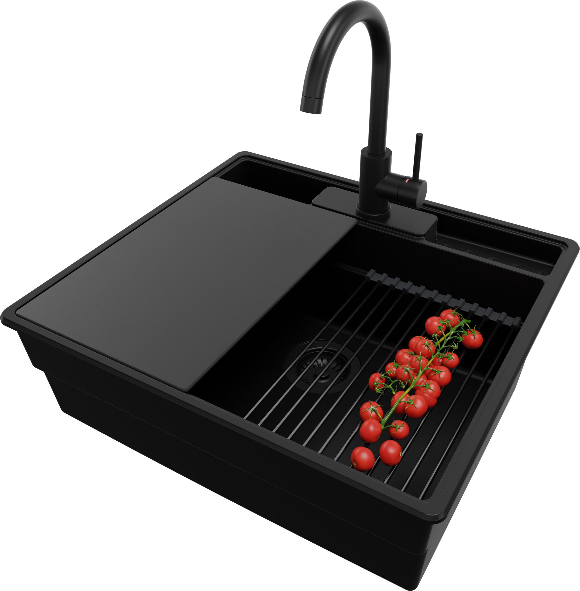 PRIMAGRAN Granitspüle Alles Schwarz 58x53cm, Spülbecken 1 Becken + Ablauf-Set + Küchenzubehörset, Küchenspüle ab 60er Unterschrank - New York