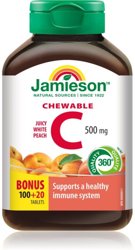 Jamieson C Chewables 500 mg comprimés à sucer pour renforcer l’immunité saveur White Peach 120 p.