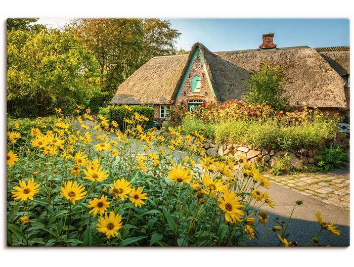 Leinwandbild ARTLAND Historischer Hof mit Bauerngarten Keitum , gelb (farbe bild(er): gelb), B:90cm H:60cm, Bilder, Leinwandbild, auf Holzrahmen gespannt