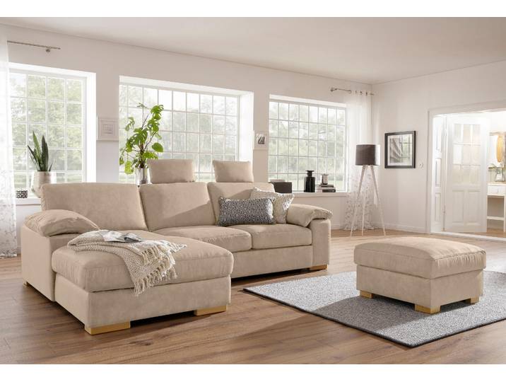 Ecksofa, Luxus-Microfaser in Lederoptik, Beige, 277×172 cm, Mit Bettfunktion, Modern, Home affaire