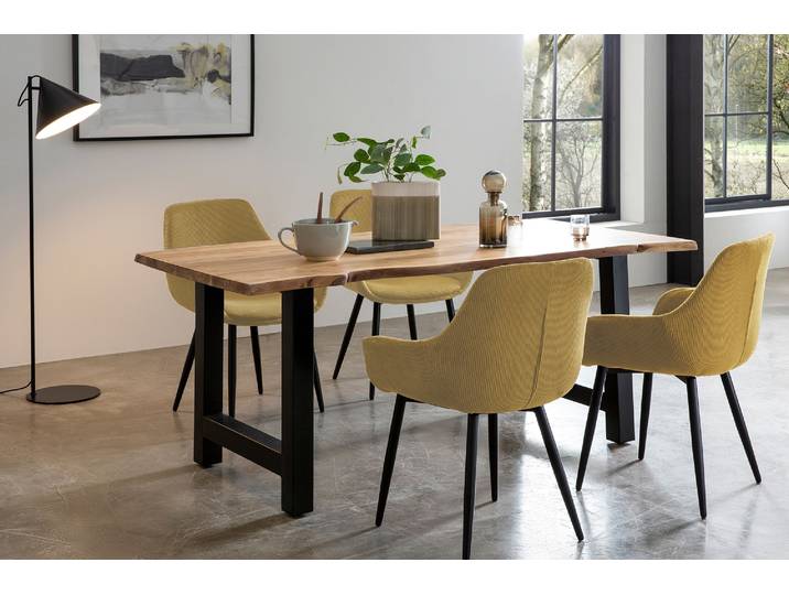 Essgruppe SALESFEVER Stilvolle Essgruppe , beige (natur, gold, schwarz, gold, schwarz), Cord, 180,90, Massivholz, Metall, Polyester, Sitzmöbel-Sets, Essgruppe, 5-teiliges Set aus geöltem, gewachstem Massivholz