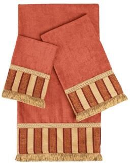 Sherry Kline Queue Coral 3-piece Decorative Towel Set, Jacquard Fabric Band, brush fringe trim 1 Bath Hand & Tip Towel