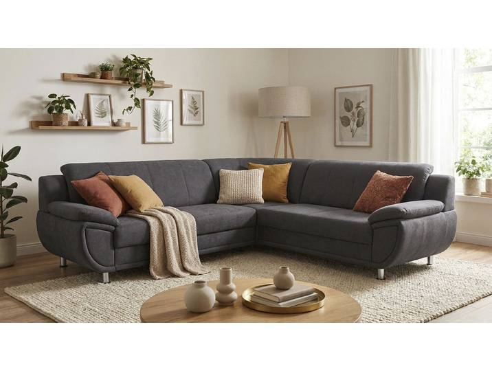 Ecksofa, Microfaser PRIMABELLE, Anthrazit, 267×247 cm, Schlaffunktion & Federkern, Modern, TRENDMANUFAKTUR