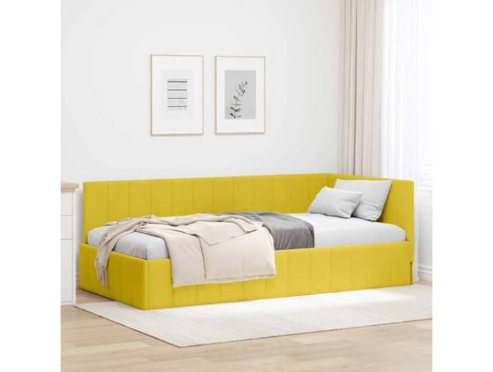 Samt L Form Stoffbett platzsparendes Design Eckbettrahmen Gelb 90x200 cm Eckbettgestell mit Kopfteil Gelb 90x200 cm Samt Bettrahmen L-Form Sofa Bett Schlafzimmer Möbel mit Lattenrost