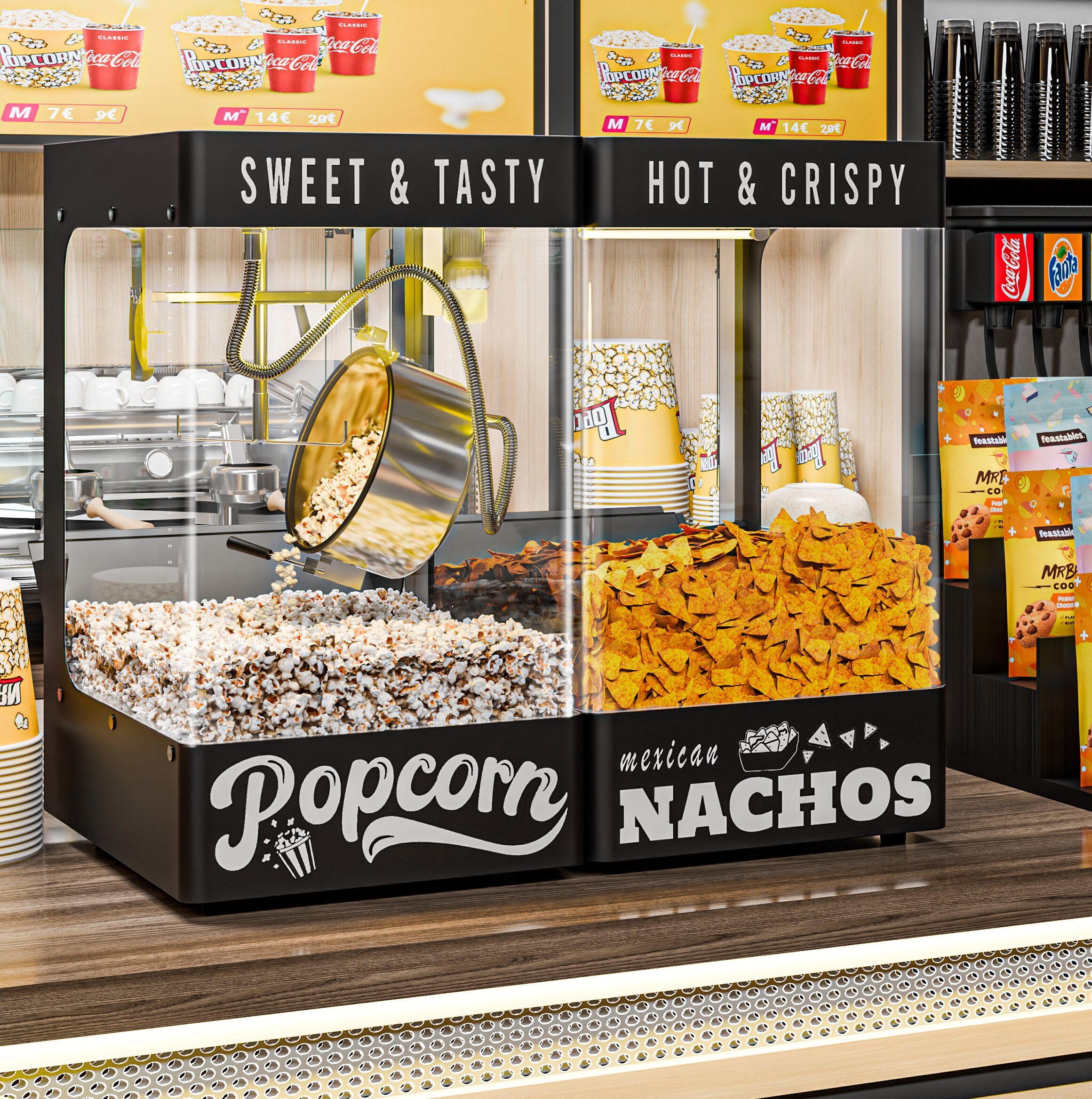 GGM Gastro Horeca Popcornmachine met nacho-warmer / chipswarmer - 1,31kW - met verwarmde bodem - zwart zwart
