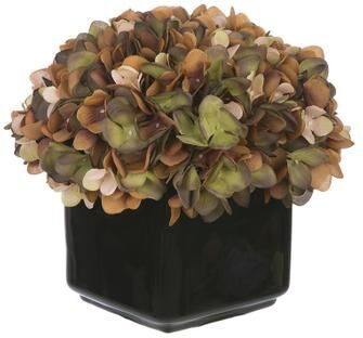 House of Silk Flowers Faux Hydrangea in Small Black Cube Ceramic Vase