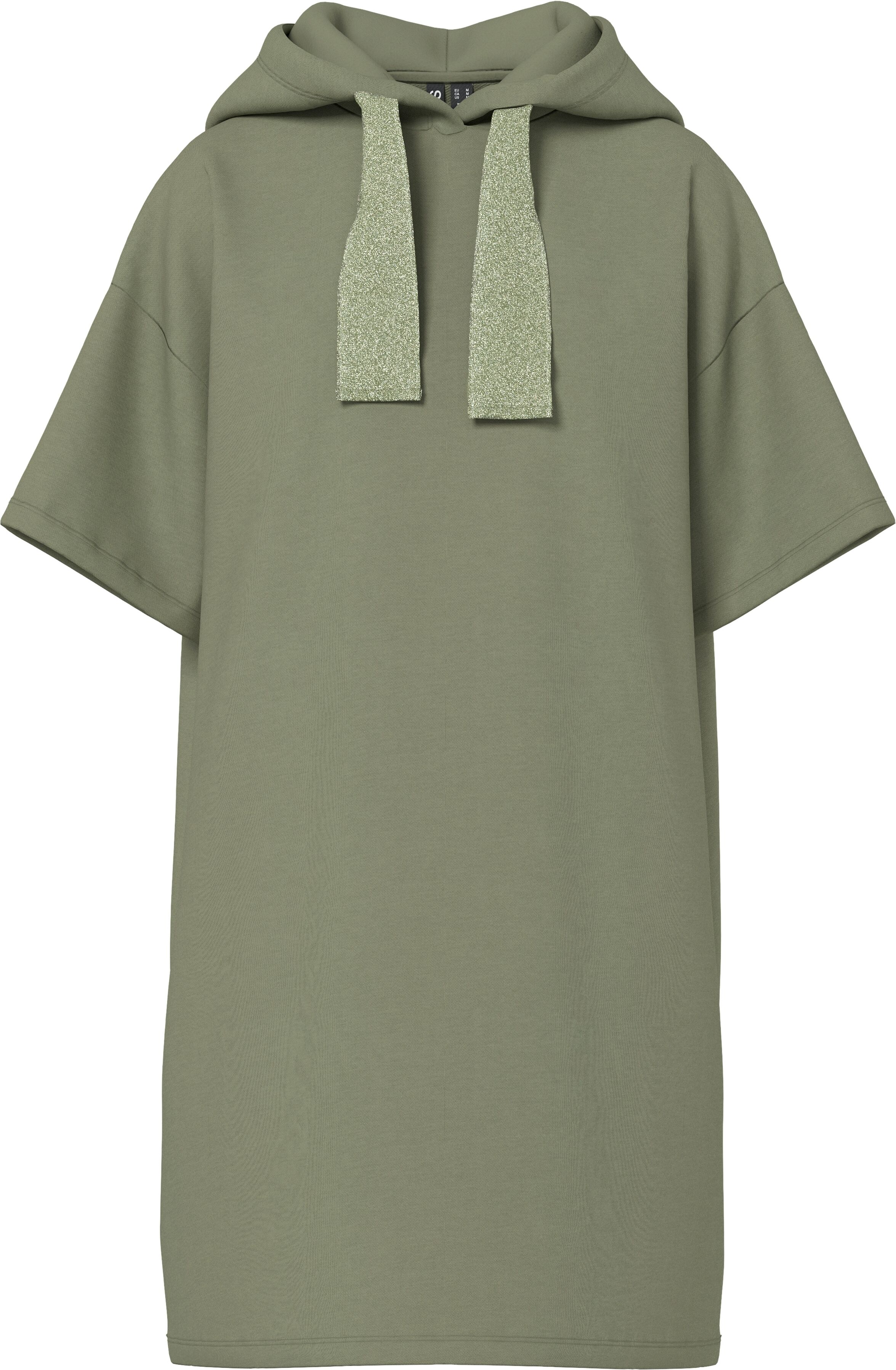 Sweatkleid PIECES "PCCHILLI SUMMER 2/4 DRESS SWT NOOS UB BC", Damen, Gr. M, N-Gr, Kurzarm, grün (deep lichen grün detail:wide lurex), Obermaterial: 50% Baumwolle, 50% Polyester, unifarben, bequem, ohne Ausschnitt, Kleider Sweatkleid, mit Kapuze und kontra
