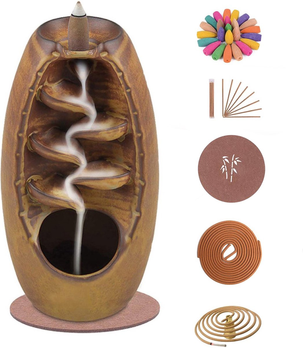 LotaHome Wierook Waterval Wierookbrander Set - Bruin - Inclusief 120 Geur Kegels, 30 Wierook Stokjes, 40 Wierook Spiralen, Onderlegger en Spiraal Houder