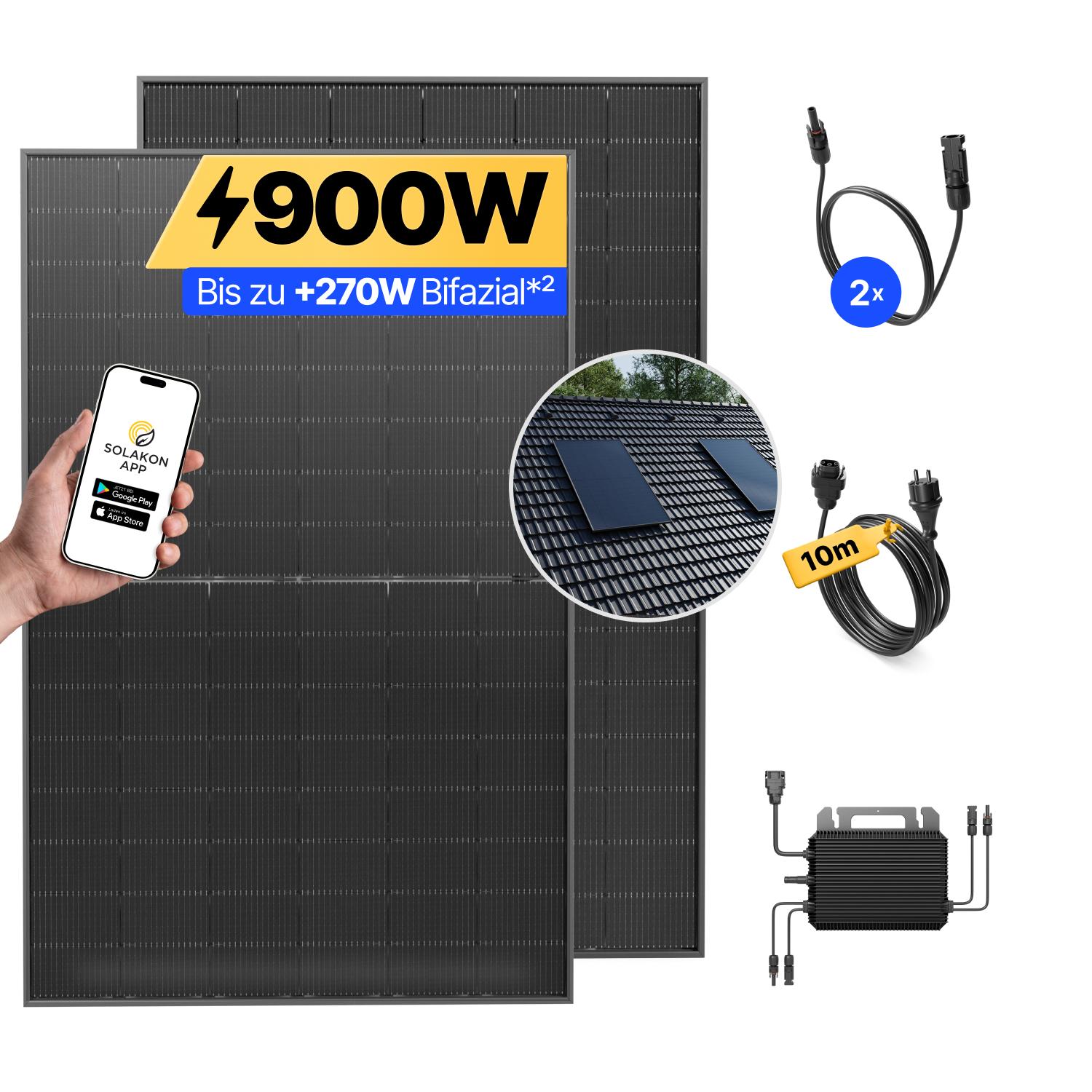 Balkonkraftwerk 900W Solaranlage mit Ziegeldach Halterung (Einzelmontage) Steckerfertig Komplettset Photovoltaik Anlage 800W, Kabellänge: 10m, Solakon