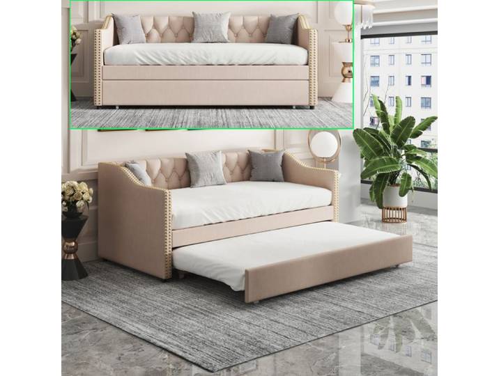 Canapé Lit 2 Places Convertible 90x200 – Lit Gigogne – Lin – Lit Rembourré avec Sommier – Place/2 Places – Adulte/Ado/Enfant – Gris