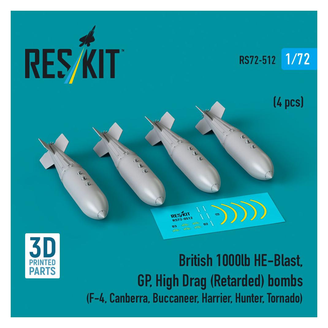 ResKit British 1000lb HE-Blast, GP, High Drag (Retarded) bombs (4 pcs) (F-4, Canberra, Buccaneer, Harrier (RS72-0512)