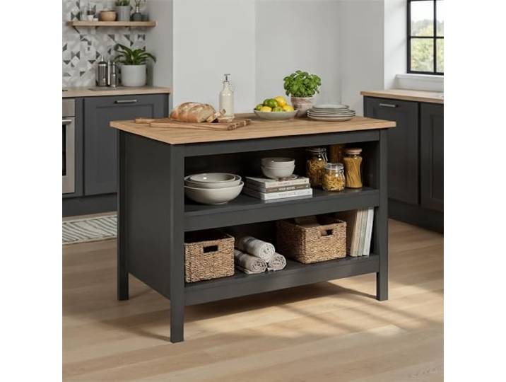 Inter Link - Kücheninsel - Mittelinsel - Arbeitsplatte - Küchenschrank mit Regalen - Melaminbeschichtet - Länge 124cm - Höhe 82 cm - Tiefe 75 cm - Nellina - Anthrazit/Eiche Artisan