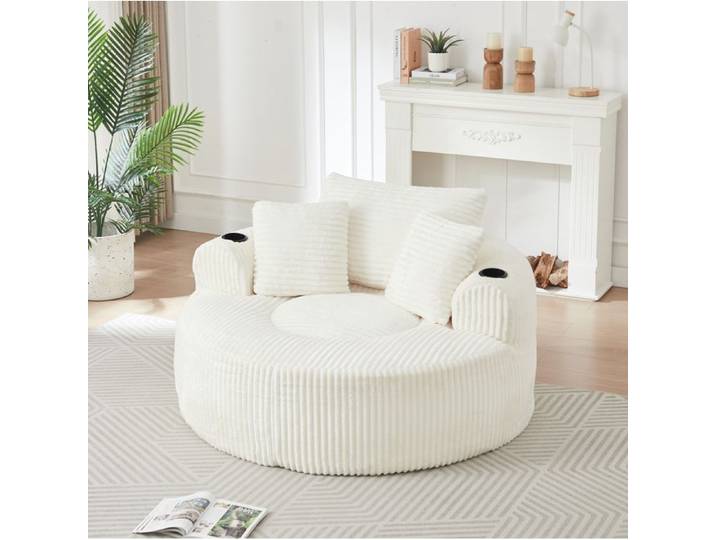 SENVIRO Fauteuil lounge rond 1 place 142 x 142 x 85 cm velours côtelé beige 3 coussins 2 porte-gobelets