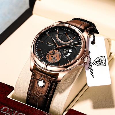 PRiME Luxury Business Men Quartz Wristwatch, Waterproof Luminous Date Leather Man Watch, Fashion Reloj Hombre 802 Gold Black