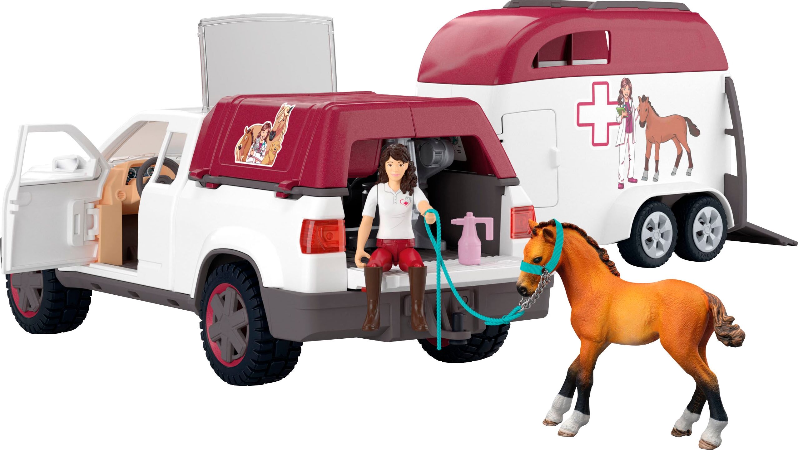 Spielzeug-Auto SCHLEICH "HORSE CLUB, Mobile Tierärztin mit Anhänger (42704)", weiß, Spielzeugfahrzeuge, KinderB:26cm H:14,7cm T:54,5cm, Kunststoff, Spielzeug-Auto, Made in Europe, B:26cm H:14,7cm T:54,5cm