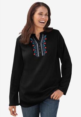 Plus Size Women's Embroidered Thermal Henley Tee by Woman Within in Black Vine Embroidery (Size S) Long Underwear Top