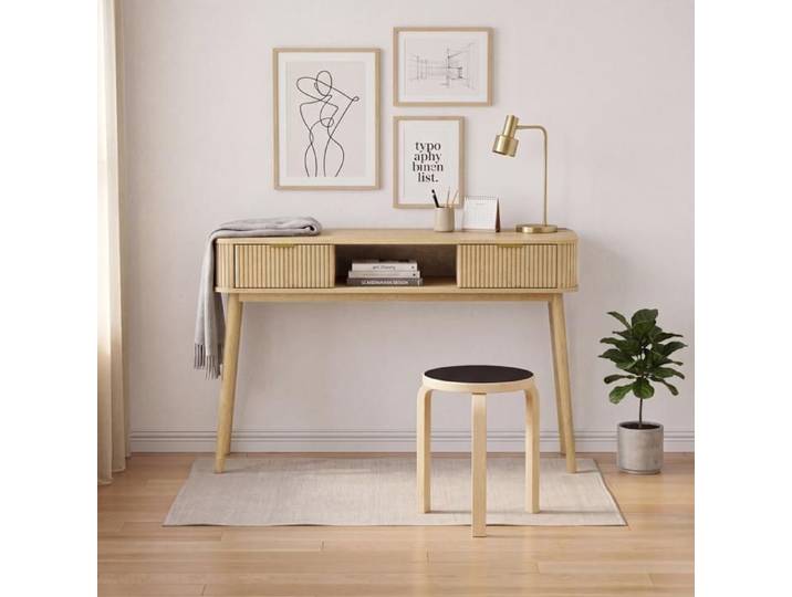 Console Mid-Century Vintage Style Eichenoptik 2 tiroirs + étagère ouverte bureau canapé entrée