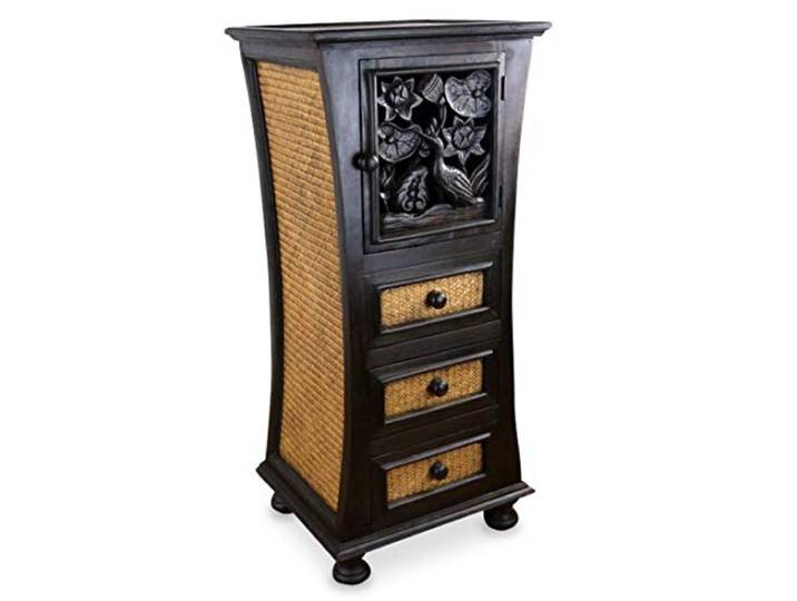 livasia Asiatische Kommode aus Massivholz und Rattan – 45x35x90cm – Handgeschnitztes Highboard aus Akazienholz, Kommode mit filigranem Design, Nachhaltig & hochwertig aus Thailand, geschwungen