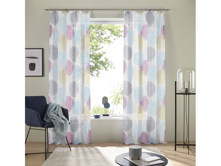 Gardine GOODPRODUCT Belem, 1 Stück, Kräuselband, transparent Gr. 4, blau, B:140cm H:245cm, Voile, Polyester, Gardinen, Gardine, 1 bzw. 2 Schals, Vorhang, Fertiggardine, Kreise