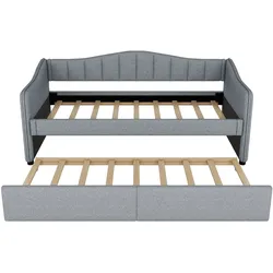 OKWISH Tagesbett Leinen Grau 90x200 cm mit ausziehbarem Rollbett, LED-Kopfteil, ohne Matratze