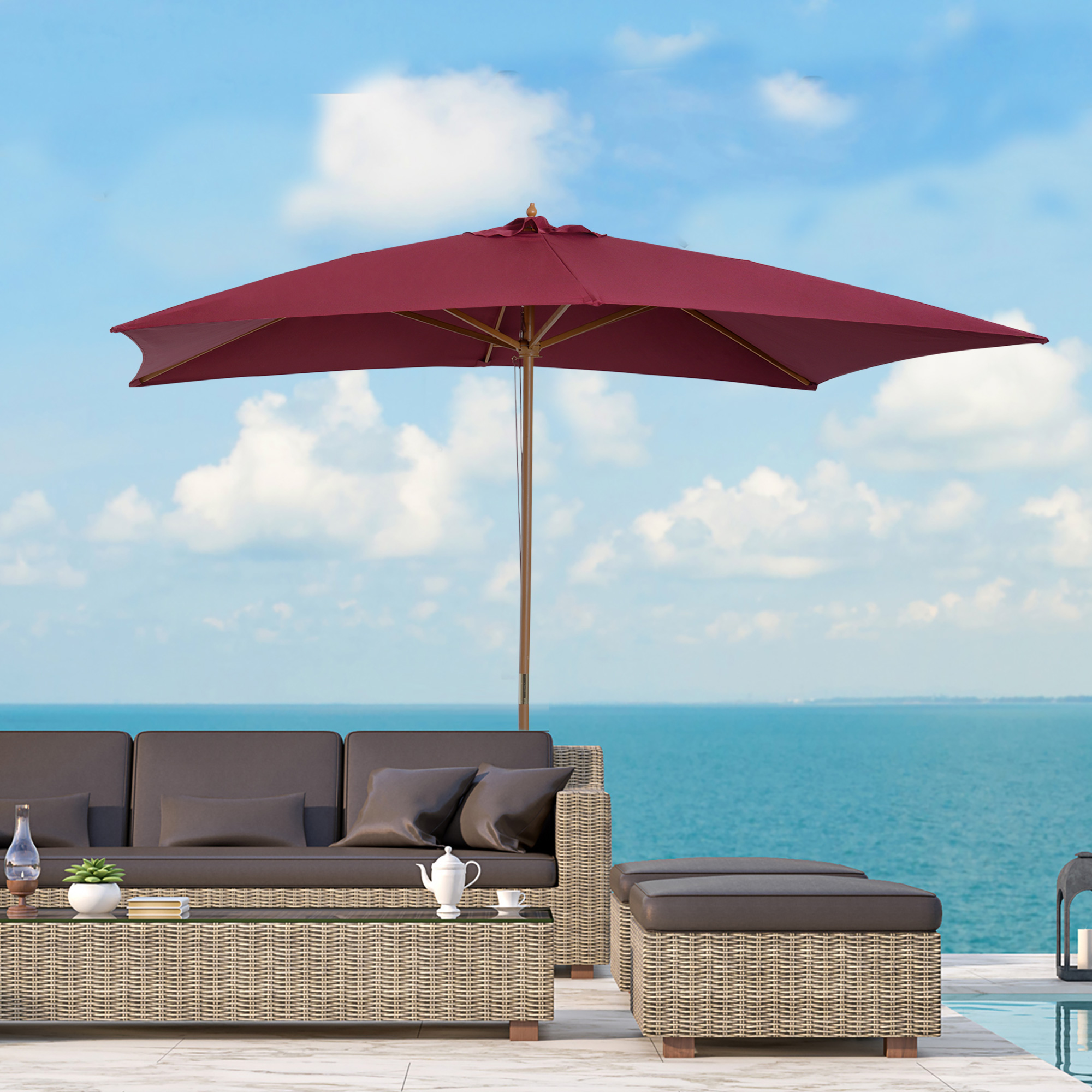 Outsunny Ombrellone da Giardino Impermeabile, Struttura in Legno, 2x2.95x2.55m, Bordeaux, Protezione UV per Esterni Aosom