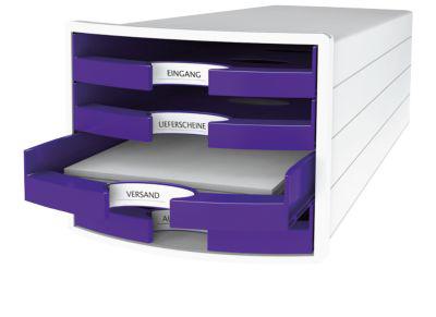 Schubladenbox HAN Impuls 2.0, 4 Schubladen, Format A4, stapelbar, offen, weiß/lila