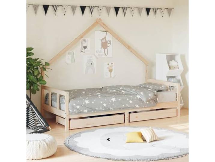 ZXQVLMRS Kinderbett mit Schubladen 90x200 cm aus Kiefernholz Hausbett-Design, Inklusive Aufbewahrung, Rustikaler Kiefernholz-Look