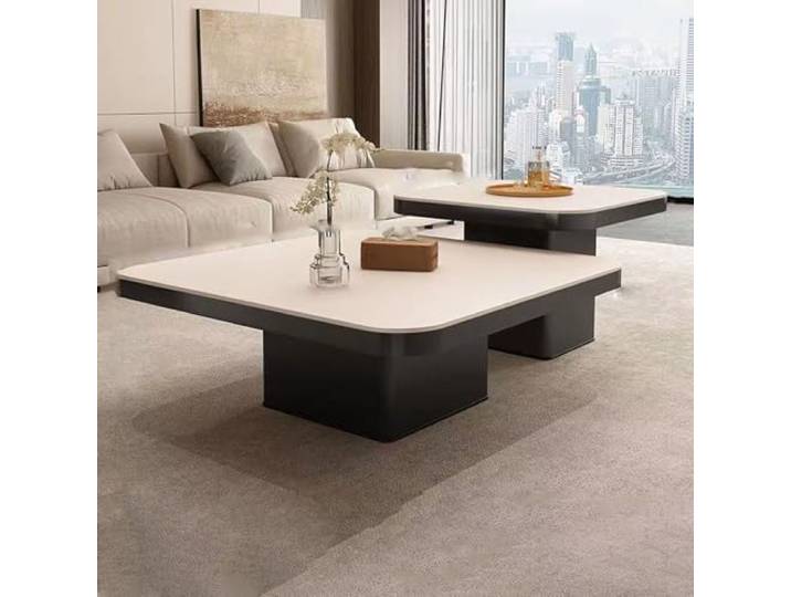 YPDOPORA Quadratischer Couchtisch Im 2Er-Set, Kleine Rechteckige Couchtische Im Mid-Century-Modern-Stil Mit Marmorplatte, Moderner Mitteltisch Für Wohnzimmer, Wohnung, Büro,Weiß,60+80cm