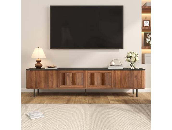 VIIOOIIV TV-Schrank, Lowboard 190 cm lang, Fernsehtisch für Wohnzimmer mit 4 Türen und Schrank, Walnuss+Schwarz (190 * 35 * 45 cm)