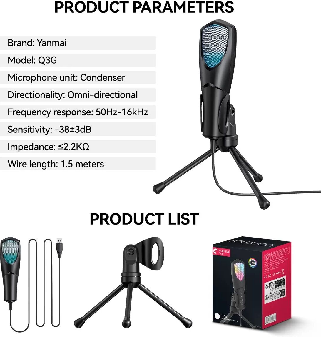 INF Microphone Gaming RGB avec Filtre Anti-Pop & Trépied - Micro Condensateur USB pour PC, Podcast, Streaming