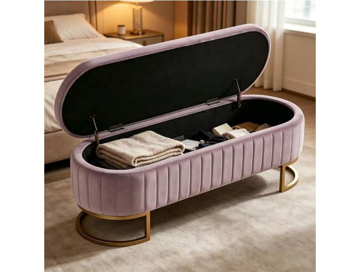 Banc coffre – bout de lit en velours rose – 130 cm – pieds en métal doré