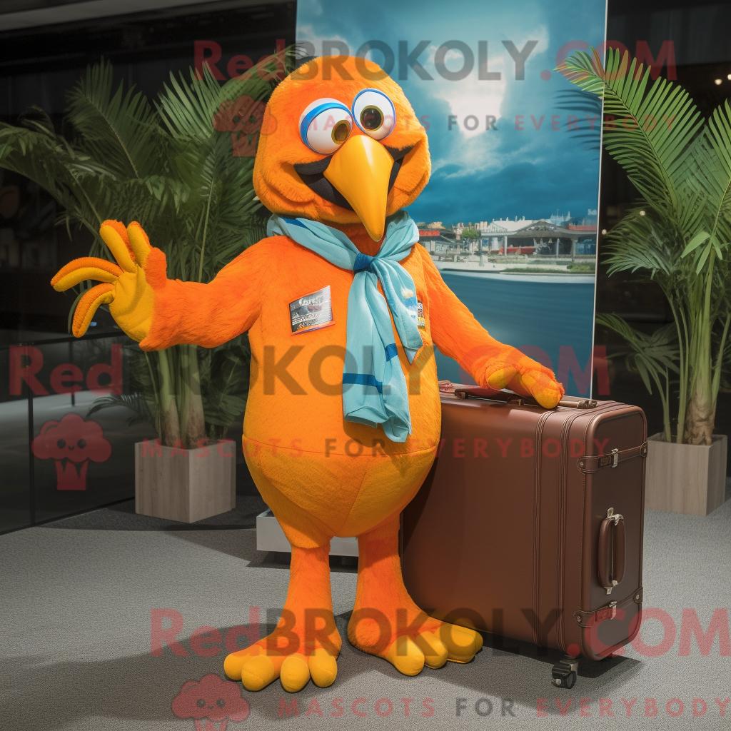 Orangefarbener REDBROKOLY Ara-Maskottchen-Kostümcharakter mit Strampler und Aktentasche