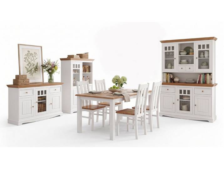 Feldmann-Wohnen Esszimmer-Set Belluno Elegante, (8-teiliges Esszimmer-Set, mit Türen, mit Schubladen, mit Glaseinsatz, 8-St., 8-teiliges Esszimmer-Set, mit Türen, mit Schubladen, mit Glaseinsatz), 8-teilig Massivholz Kiefer Weiß / Gebeizt Eiche