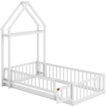 Costway Twin Size House Floor Bed with House-shaped Headboard-White