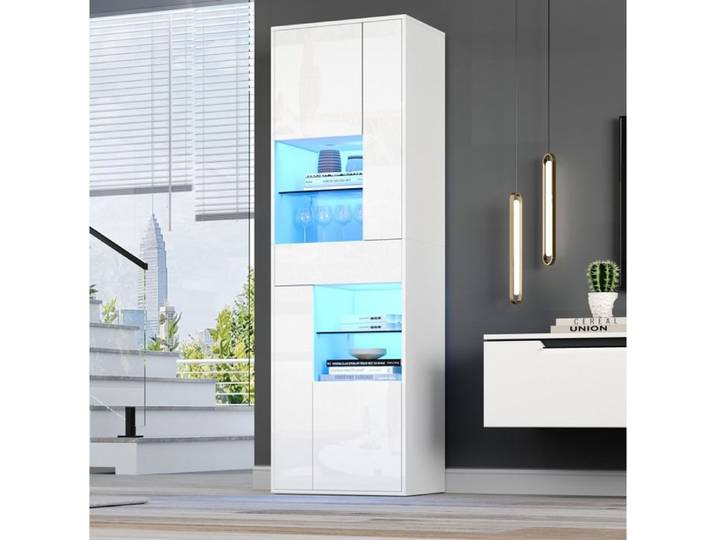 Vitrine blanche avec LED 55x38x170 cm 1 tiroir 4 placards 11 espaces de rangement FIMRUT