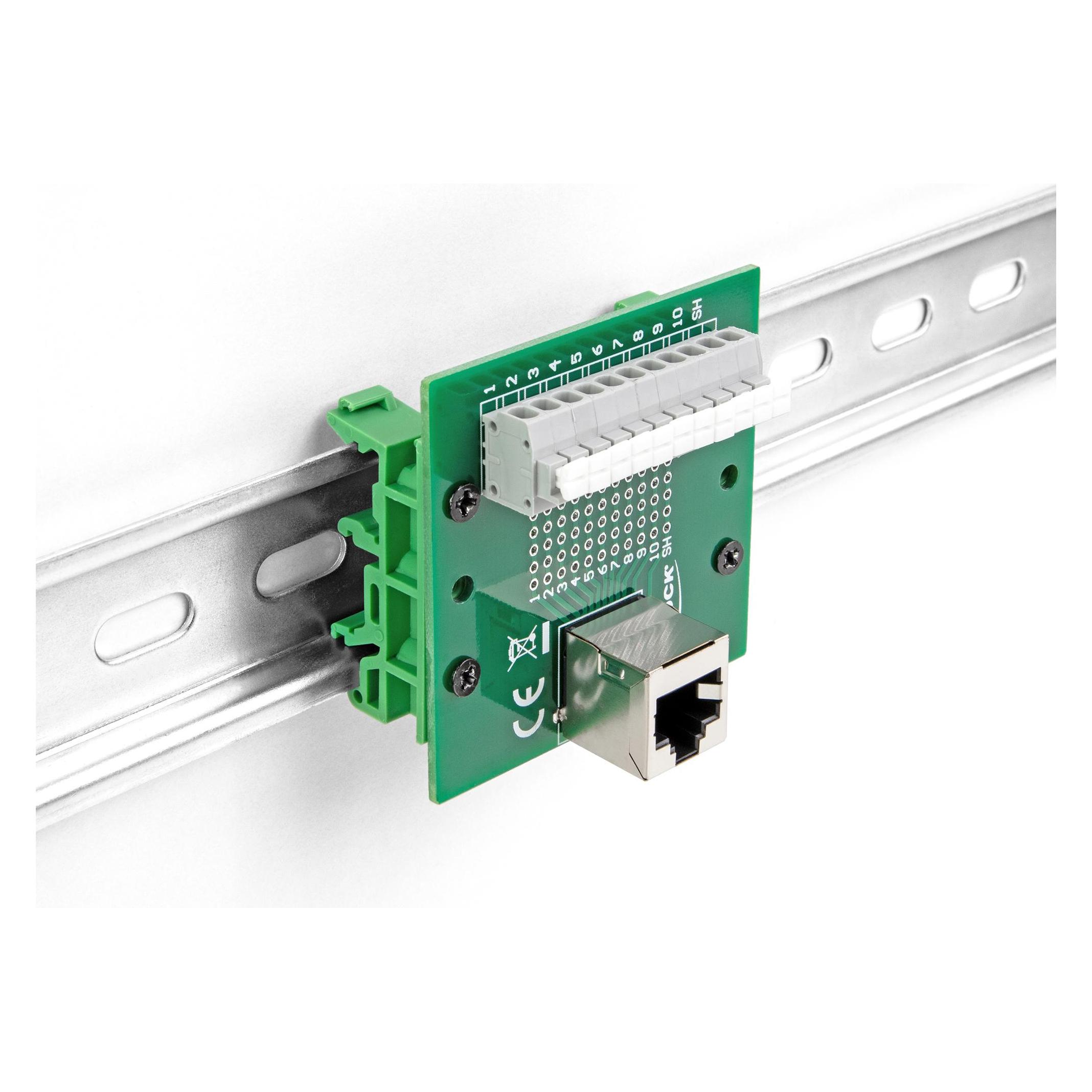 Delock RJ50 Buchse zu Terminalblock mit Drucktaster für Hutschiene gewinkelt (Antennenadapter) (67013)