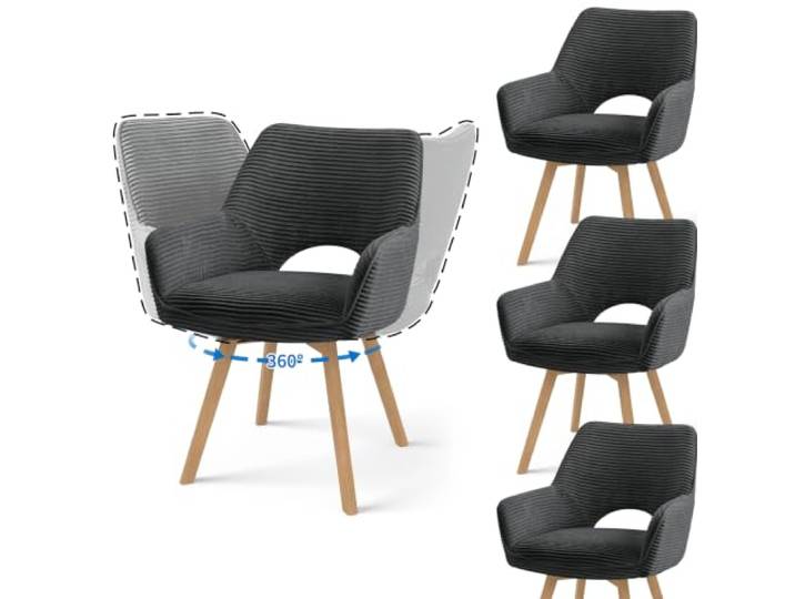 JIJIAN 4er Set 360° Drehbare Esszimmerstühle mit Armlehnen, Anthrazitgrau Drehbar Stühle Esszimmer mit Holzbeinen, Moderner Küchenstuhl aus Cord, Polsterstuhl für Esszimmer, Küche, Wohnzimmer