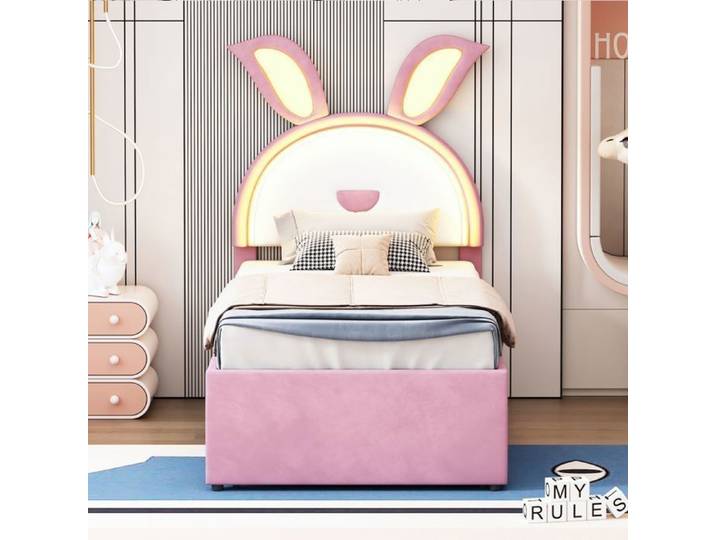 O.Ye Lit Enfant 90x200cm Velours Rose - Canapé-lit Gigogne + Tiroir/LED Couleur - Multifonction Rembourré - Sans Matelas