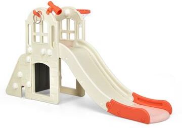 Costway 6-In-1 Large Slide for Kids Toddler Climber Slide Playset with Basketball Hoop-Pink