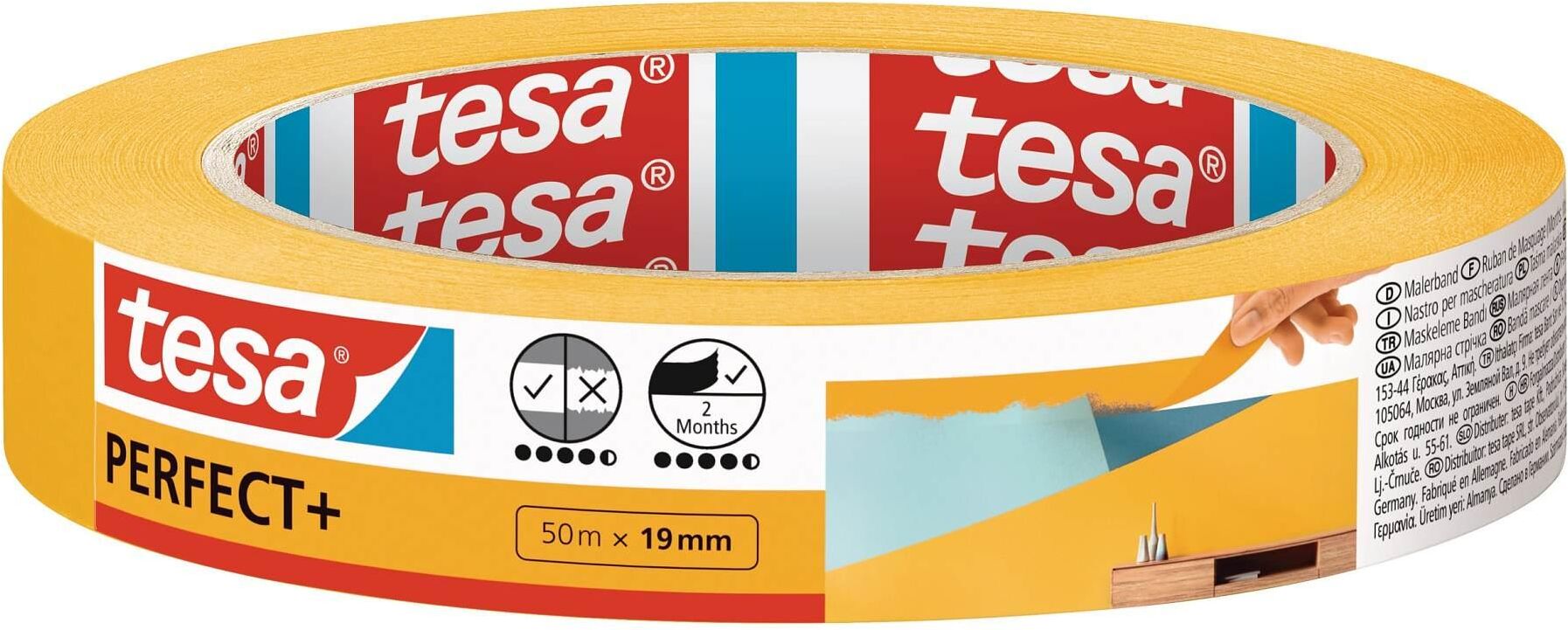 tesa PERFECT+ Malerkrepp aus dünnem Washi-Spezialpapier zum präzisen Abkleben im Innenbereich, 50 m x 19 mm