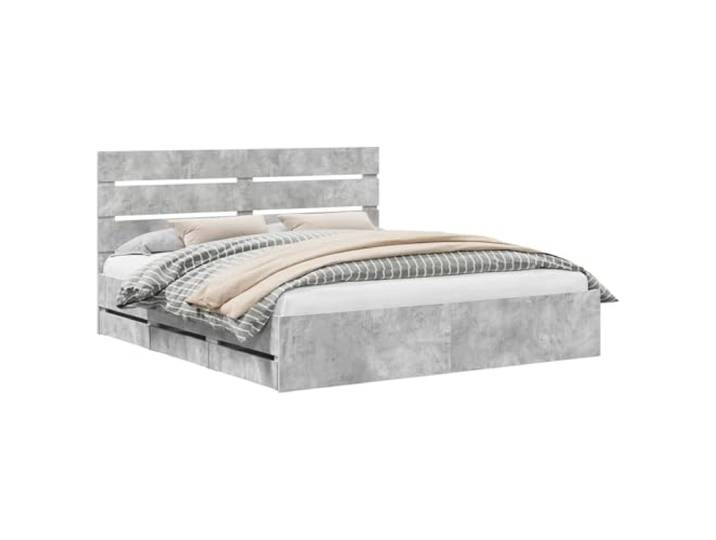 PUGYNBK Bettrahmen Grau Beton 200 x 200 cm Holz Basis mit versteckter Aufbewahrung, stabile feste Lamellen, moderner Stil, einfache Reinigung