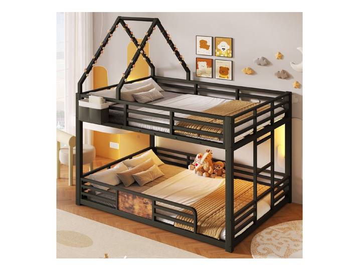 Odikalo Etagenbett Jugendbett Metallbett Bettgestell mit LED Leitplanke Hausbett Design (140x200cm Etagenbett aus Metall mit LED-Beleuchtung, Hausbett-Design DIY-Dachrahmen, Stofftaschen-Aufbewahrung & Sicherheitsgeländer(ohne Matratze)