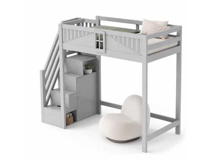 Evryae Hochbett 90/200 mit Sicherheitstür Fenster und Sicherheitsleiter in Grau, Holz, 90x200 cm, Babymöbel & Kindermöbel, Kinderzimmer & Jugendzimmer, Kinderbetten, Hochbetten