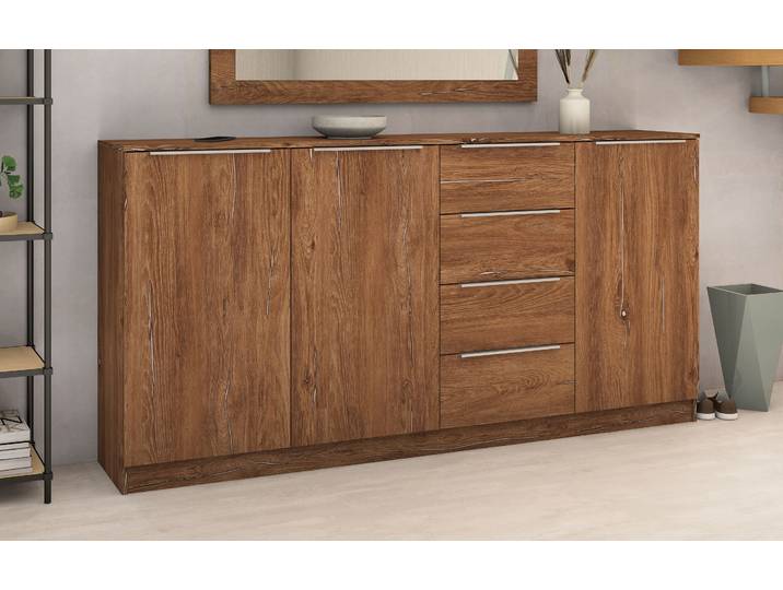 borchardt Möbel Oliva, Breite 200cm, moderne Kommode mit glänzenden Metallgriffen viel Stauraum, Türen und Schubladen, Einlegeböden verstellbar