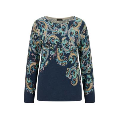 Rundhalspullover GOLDNER "Feinstrickpullover mit Paisley-Druck", Damen, Gr. 48, bunt (marine, gemustert), Modern, figurumspielend, Rundhals, Gerade, Pullover Rundhalspullover, farbenfroher Print auf Strick