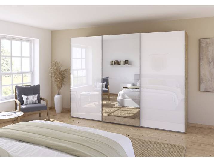 Armoire Fifty coulissante 301cm Blanc/Bois/Blanc brillant/Imitation chêne Artisan 1 miroir