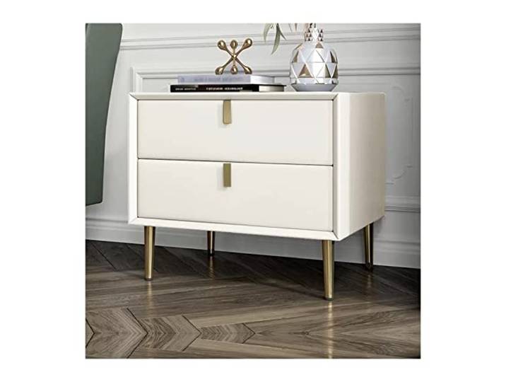 Vielseitig Weißer Nachttisch aus Kunstleder mit 2 Schubladen, modernes Holz Mit goldenen Tischbeinen, Nachttischen for Schlafzimmer-Wohnzimmermöbel(L45xD40xH48cm)