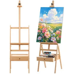 VEVOR Atelierstaffelei Standstaffelei für Leinwände bis 910 mm Naturfarbe, Holzstaffelei für Künstler/innen, Acryl-, Öl-, & Aquarellmalerei, Höhen-& Winkelverstellbar, H-Form, Aufbewahrungsschublade