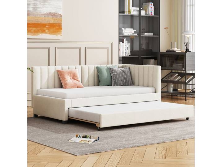 Canapé-lit 90x200 convertible multifonction avec sommier velours beige